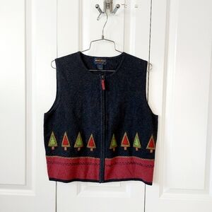 Christmas Tree Zip Front Sweater Vest Medium Woolrich 100% Cotton Vintage 90s